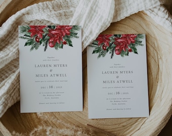May include: A Christmas-themed wedding invitation with a watercolor illustration of poinsettias and holly. The invitation reads "Together with their families Lauren Myers & Miles Atwell invite you to celebrate their marriage Dec 16 2023 At 3 o'clock in the afternoon The Wedding Garden Perth, Australia Dinner and dancing to follow"