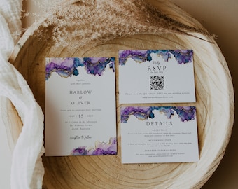 Purple & Blue Wedding Template Set With QR Code, Editable Template, Modern Gold Agate Wedding Invite Suite, Templett, WR026