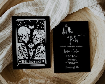 Til Death Do Us Part Gothic Wedding Invitation, Editable Template, The Lovers Tarot Invite, Black Printable Halloween Wedding Invite, WR019