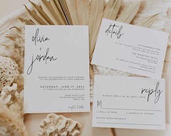 May include: A wedding invitation suite with a minimalist design. The invitation features the names "Olivia + Jordan" in a handwritten font. The details card includes information about the wedding venue, date, and time. The reply card has a section for guests to RSVP and indicate any dietary requirements.