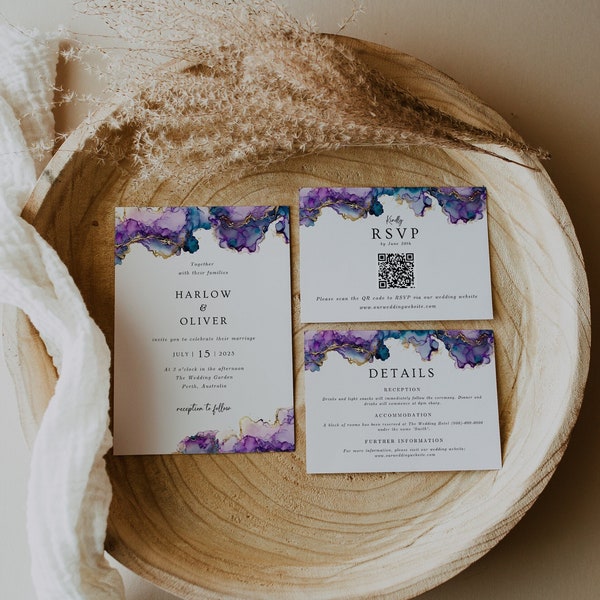 Purple & Blue Wedding Template Set With QR Code, Editable Template, Modern Gold Agate Wedding Invite Suite, Templett, WR026