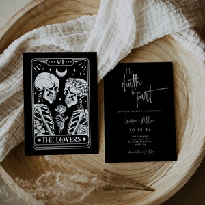 Bis der Tod uns scheidet Gothic Hochzeitseinladung, bearbeitbare Vorlage, Die Liebenden Tarot einladen, schwarz druckbare Halloween-Hochzeit einladen, WR019