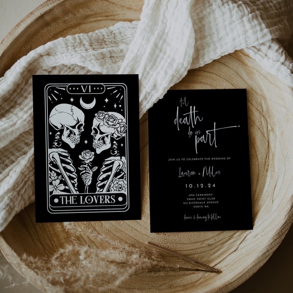 Til Death Do Us Part Gothic Wedding Invitation, Editable Template, The Lovers Tarot Invite, Black Printable Halloween Wedding Invite, WR019