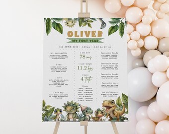 Tablero de hitos del primer cumpleaños de dinosaurio: Póster editable (descarga digital)
