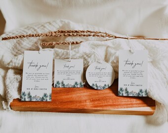 Rustic Mountain Wedding Favor Tags: Pine Forest Thank You (Editable Template)