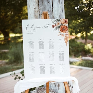 Plano de asientos para boda boho, plantilla editable, póster con plano de asientos con motivos florales, encuentra tu asiento, boda en otoño, WR022