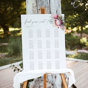 Boho-bruiloft zitplaatsen grafiek, bewerkbare sjabloon, Native Protea zitplaatsen tabel, vind je stoel, bruiloft poster, WR030