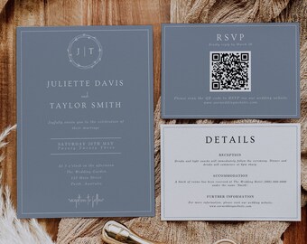 Dusty Blue Wedding Invitation Template Set: Minimalist QR Code (Digital Download)