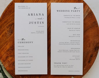 May include: Wedding ceremony program with the names Ariana and Justin, the date 20.05.2023, and the location Perth, Australia. The program lists the order of the ceremony, including the prelude, processional, first reading, exchange of vows, exchange of rings, second reading, pronouncement, and recessional. The second page lists the wedding party, including the parents of the bride and groom, maid of honor, best man, bridesmaids, groomsmen, and officiant. The bottom of the page says "Thank You!" and "For being here with us and making our day so special."