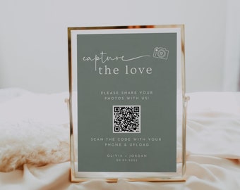 QR Code Sign For Wedding Photos Template, Instant Download, Capture The Love Wedding Signs, Sage Green Minimalist Wedding Photo Sign WR007