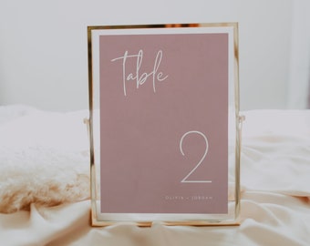 May include: A gold-framed table number sign with a dusty rose background. The number "2" is written in white script font. The text "Table" is written in white script font above the number. The text "Olivia & Jordan" is written in white script font below the number.