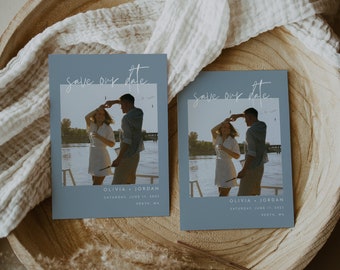 Dusty Blue Photo Save The Date: Modern Wedding Announcement (Editable Template)