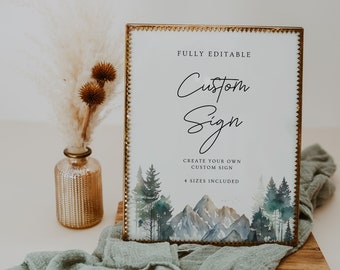 Plantilla de letrero de boda con diseño de bosque de pinos: Decoración de mesa personalizada (descarga digital)