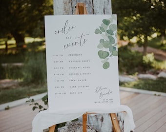 Order Of Events For Wedding Reception Sign Template, Instant Download, Editable, Wedding Itinerary, Eucalyptus Wedding Timeline Poster WR006