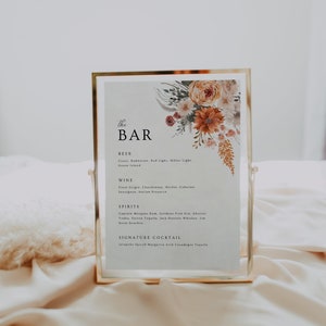 Letrero de menú de bar de boda estilo boho, plantilla editable, letrero de menú de bar imprimible, letrero de mesa de boda, WR022