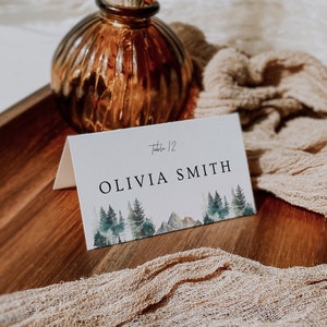 Tarjetas de lugar de boda de montaña, plantilla editable, descarga instantánea, nombre de la mesa, tarjetas de lugar planas y de tiendas de campaña, tarjetas de boda rústicas, WR021