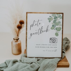 Photo Guestbook Sign Template INSTANT DOWNLOAD Editable, Greenery Wedding Guest Book Sign, Eucalyptus Wedding Sign, Canva Printable WR006