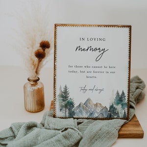 Plantilla de signo conmemorativo de la boda de montaña DESCARGA INSTANTE Editable, Boda en el bosque de pinos, Para siempre en nuestros corazones, Boda rústica, WR021