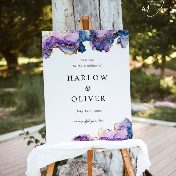 Purple & Blue Wedding Welcome Sign, Editable Template, Gold Agate Wedding Sign, Modern Welcome Poster, Printable, WR026