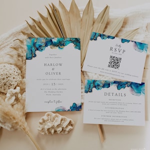 Suite di inviti di nozze blu e oro, modello modificabile, set di inviti di nozze moderni con codice QR, modifica con Templett, WR025