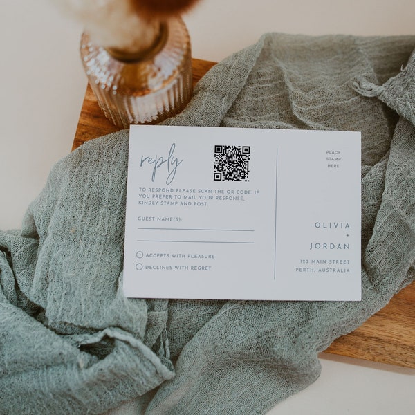 Blaue minimalistische Hochzeits-RSVP-Karte mit QR-Code, bearbeitbare Vorlage, moderne Hochzeits-RSVP-Postkarte, Online-Antwortkarte, WR009