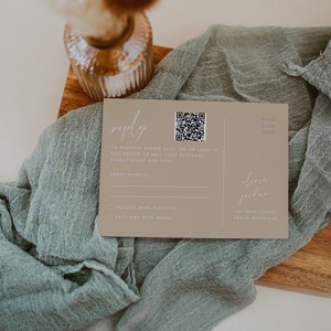 Beige Wedding RSVP Card, Editable Template, RSVP Postcard with QR Code, Minimalist Wedding Reply Card, WR031