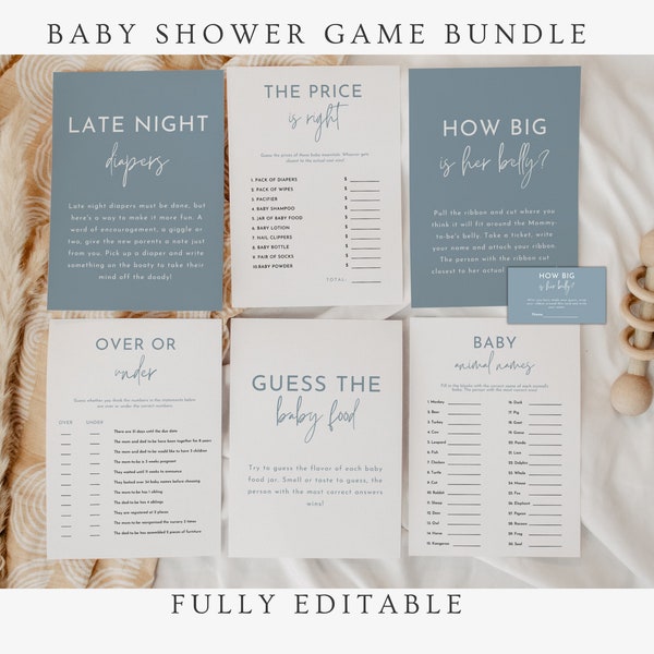 Dusty Blue Baby Shower Games Bundle, Editable Template, Minimalist Baby Shower Games, 12 Fun Baby Shower Games, Canva, WRB19
