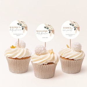 Boho Babyparty Cupcake Toppers, bearbeitbare Vorlage, geschlechtsneutral Babyparty, Floral Cupcake Toppers, Instant Download WRB3