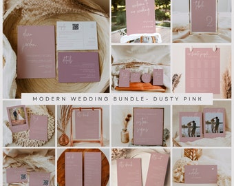Dusty Pink Wedding Invitation Bundle: Modern Stationery Set (Editable Template)