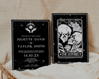 Gothic Halloween Hochzeitseinladung, bearbeitbare Vorlage, Tarot-Karte Hochzeitseinladung, The Lovers Invite, WR033