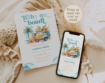 May include: A baby shower invitation with a watercolor illustration of a vintage van with flowers and palm trees. The invitation says "Baby on Board" and includes the details for the shower, including the date, time, and location. The invitation also includes a QR code for guests to RSVP.