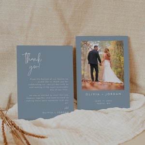Dusty Blue Hochzeit Dankeschön, bearbeitbare Vorlage, Dankeschön-Karte mit Foto, minimalistische Hochzeitsnotiz, bearbeiten mit Templett, WR009