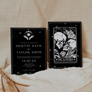 Gothic Halloween Hochzeitseinladung, bearbeitbare Vorlage, Tarot-Karte Hochzeitseinladung, The Lovers Invite, WR033