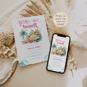 Baby On Board Baby Shower Invitation Template, Surf Beach Baby Shower Invite, Editable, Instant Download, Summer Baby Shower, Pink, WRB21