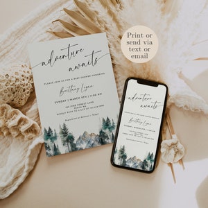 Mountain Baby Shower Invite, Editable Template, Adventure Awaits Baby Shower, Instant Download, Forest Pine Shower, Templett, WRB31