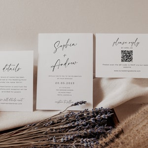 Wedding Invitation With QR Code Rsvp Template Suite INSTANT DOWNLOAD, Editable, Modern Wedding Set, Minimalist Wedding Invite, WR015