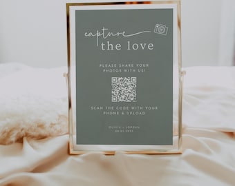 Capture The Love Sign, Editable Template, QR Code Sign For Wedding Photos, Sage Green Wedding Photo Sign, WR007