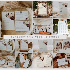 Burgundy Floral Wedding Invitation Bundle: Editable Boho Stationery (Digital Download)
