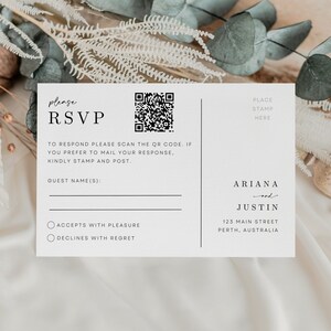 Modelo de código QR Rsvp para casamento DOWNLOAD INSTANTÂNEO, editável, cartão de resposta on-line moderno, cartão postal Rsvp, casamento minimalista para impressão DIY WR016