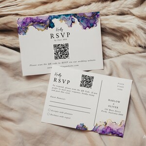 Tarjeta RSVP de boda púrpura y azul con código QR, plantilla editable, postal de respuesta a invitación, tarjeta de respuesta en línea, ágata dorada, WR026