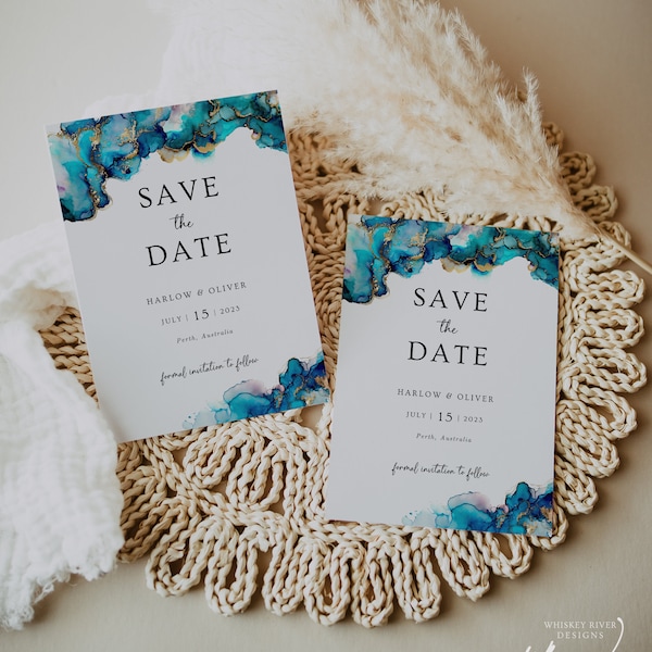 Downloadable Save The Date Template, Editable, Wedding Announcement, Modern Wedding Save the Date, Blue Gold Watercolor, WR025