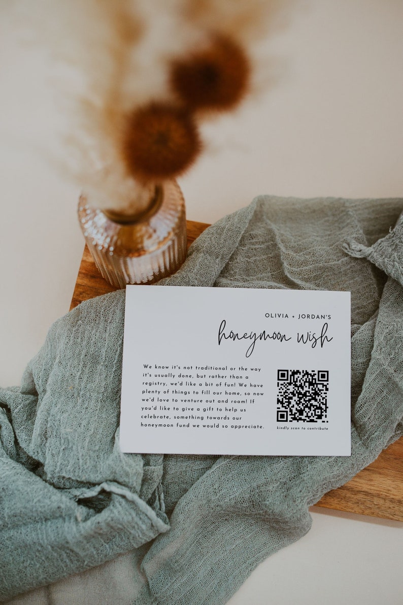 Wedding Wishing Well Card Template With QR Code, Minimalist Wedding Wishing Well, Instant Download, Honeymoon Fund Invite Insert, WR010 image 1