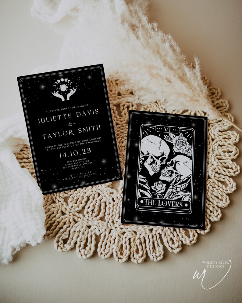 Invitación de boda de tarot gótico: Los amantes (plantilla editable) imagen 4