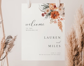 Modello di cartello di benvenuto per matrimonio boho: poster floreale modificabile (download digitale)