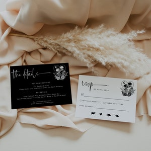 May include: Black and white wedding invitation cards with a couple of skeletons holding hands and a heart with a moon. The text on the cards reads "the details" and "RSVP by April 30th".