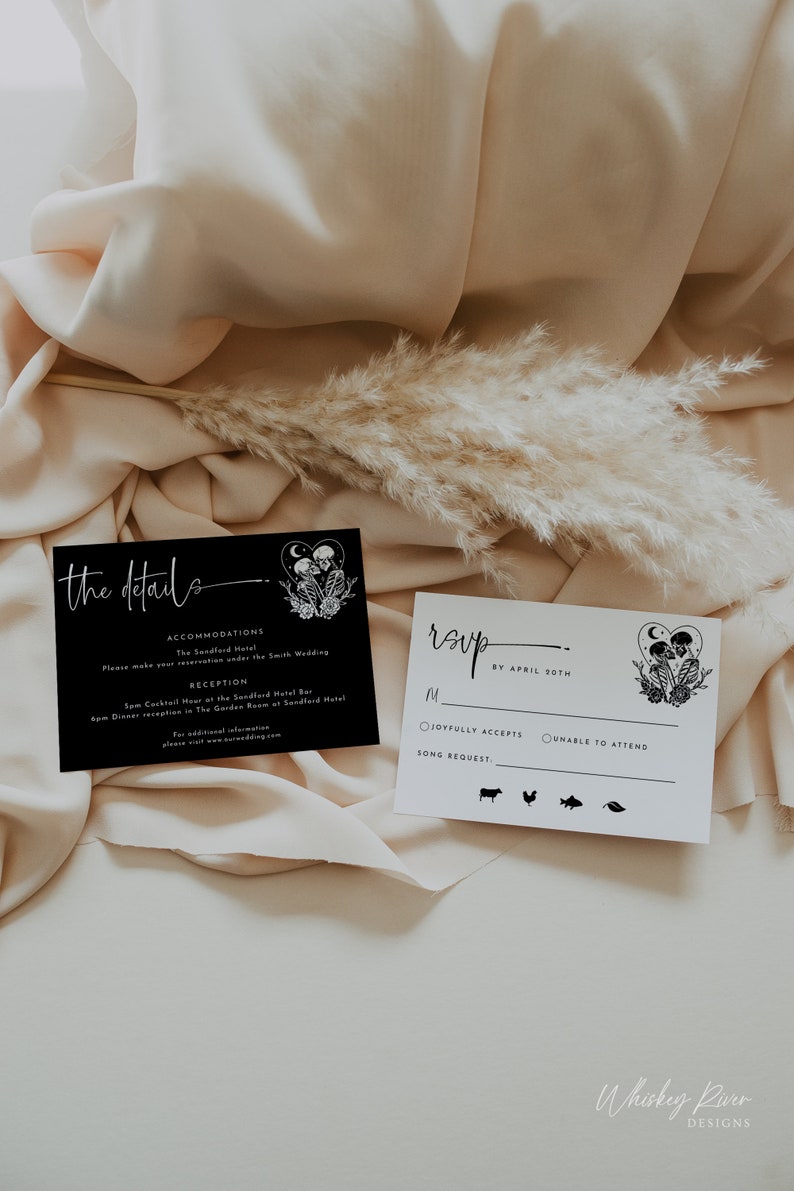 May include: Black and white wedding invitation cards with a couple of skeletons holding hands and a heart with a moon. The text on the cards reads "the details" and "RSVP by April 30th".