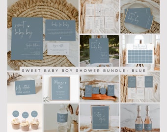 May include: A blue and white baby shower printable bundle with the text "Sweet Baby Boy Shower Bundle - Blue". The bundle includes invitations, food labels, games, and decorations.