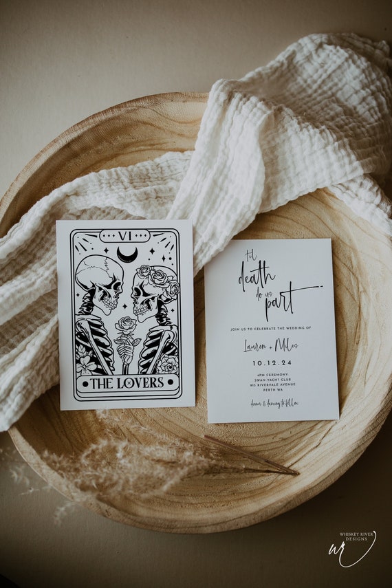 Gothic Wedding Invitation, Til Death Do Us Part, The Lovers Tarot (Editable Template)