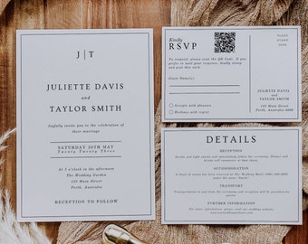 Minimalist Monogram Wedding Invitation Suite with QR Code (Digital Download)