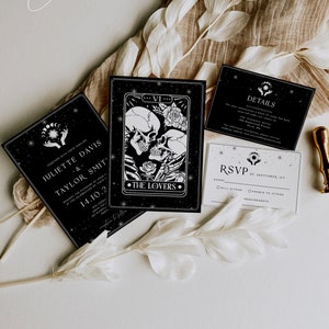 Gothic Halloween-bruiloftsuitnodiging, bewerkbare sjabloon, tarotkaart bruiloft uitnodigingsbundel, The Lovers Invite, WR033